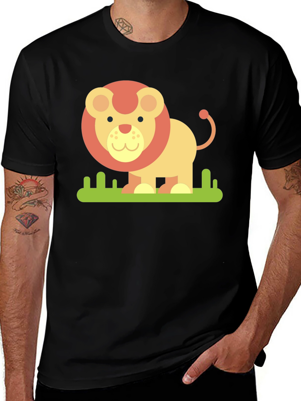 Cute Cartoon Lion Graphic Tee - Black
