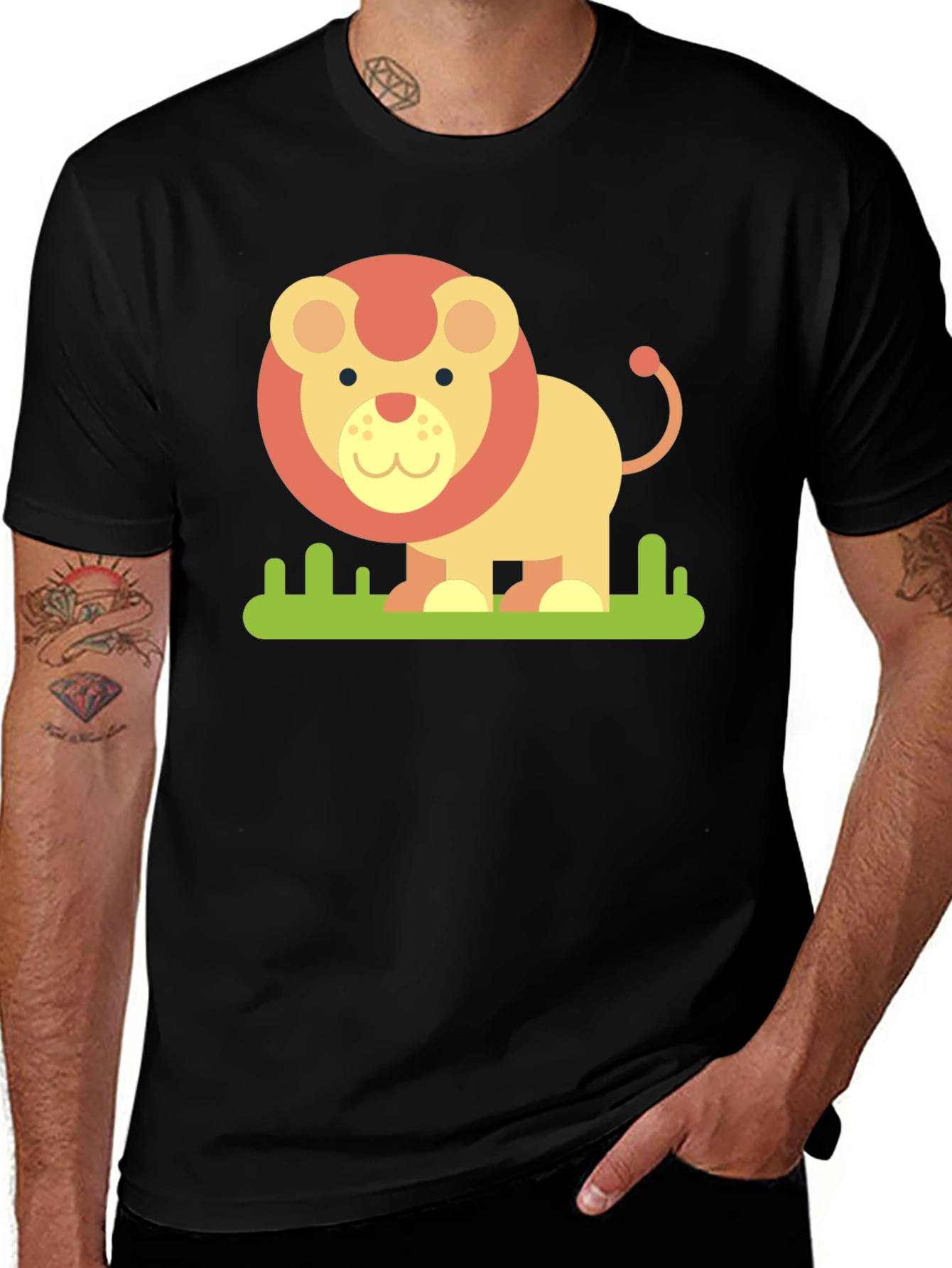 Cute Cartoon Lion Graphic Tee - Black