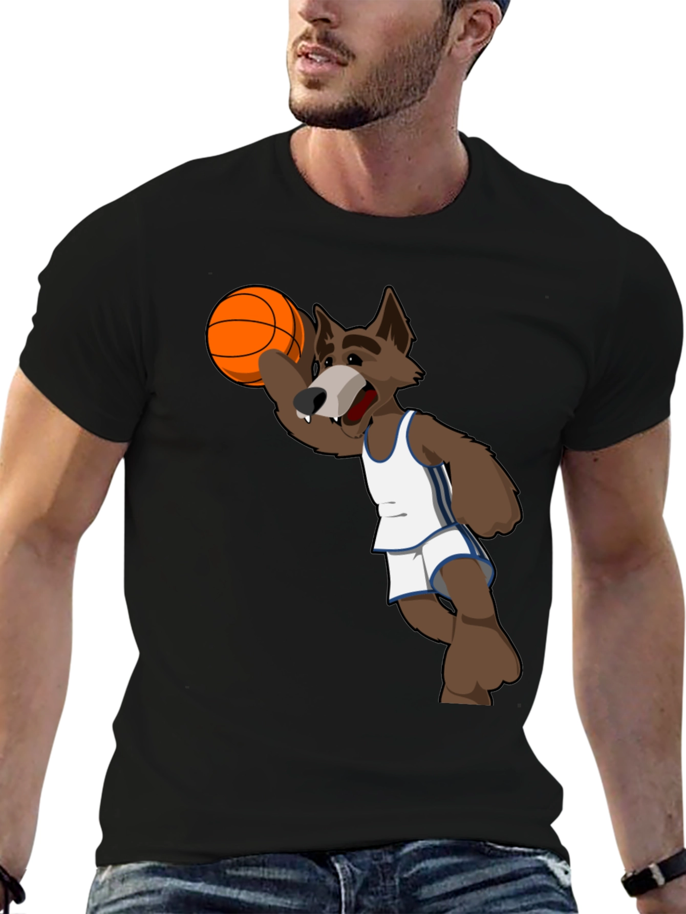 Cartoon Wolf Basketball Graphic T-Shirt