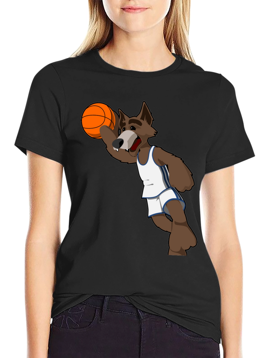 Cartoon Wolf Basketball Graphic T-Shirt