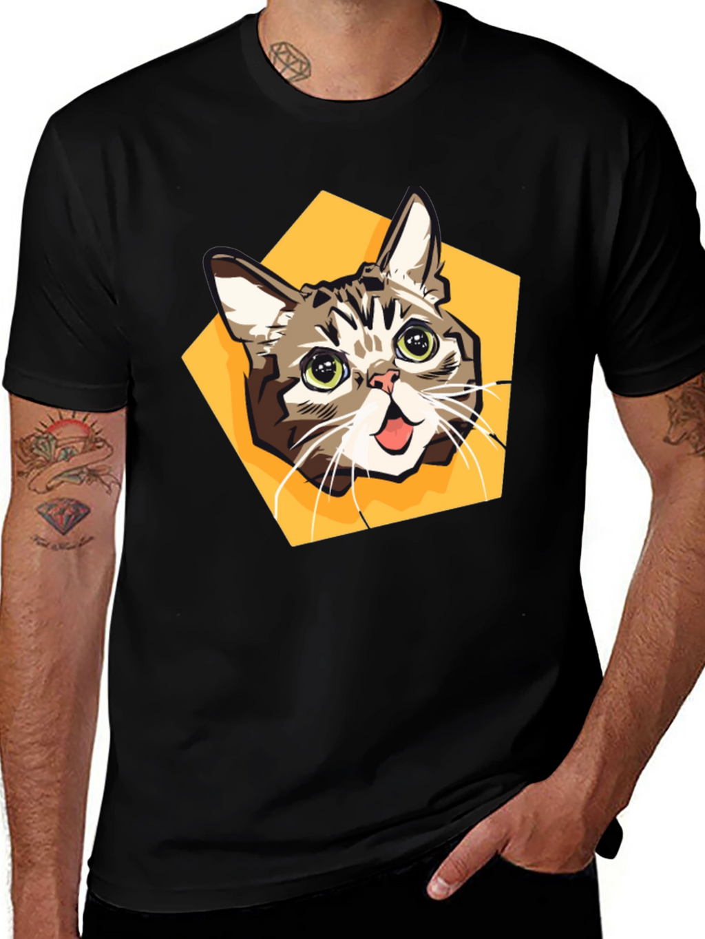 Cartoon Cat Graphic Tee - Black