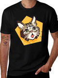 Cartoon Cat Graphic Tee - Black