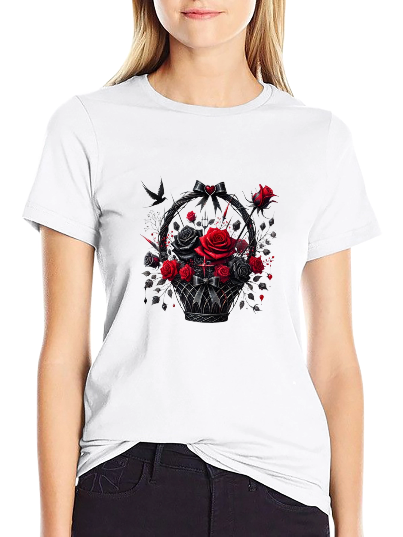 Gothic Roses T-Shirt - Dark Floral Basket Design