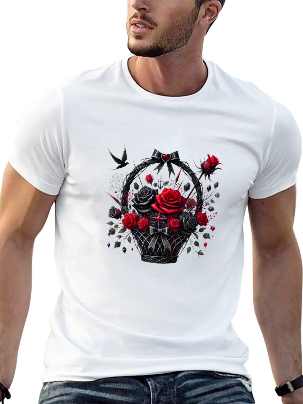 Gothic Roses T-Shirt - Dark Floral Basket Design