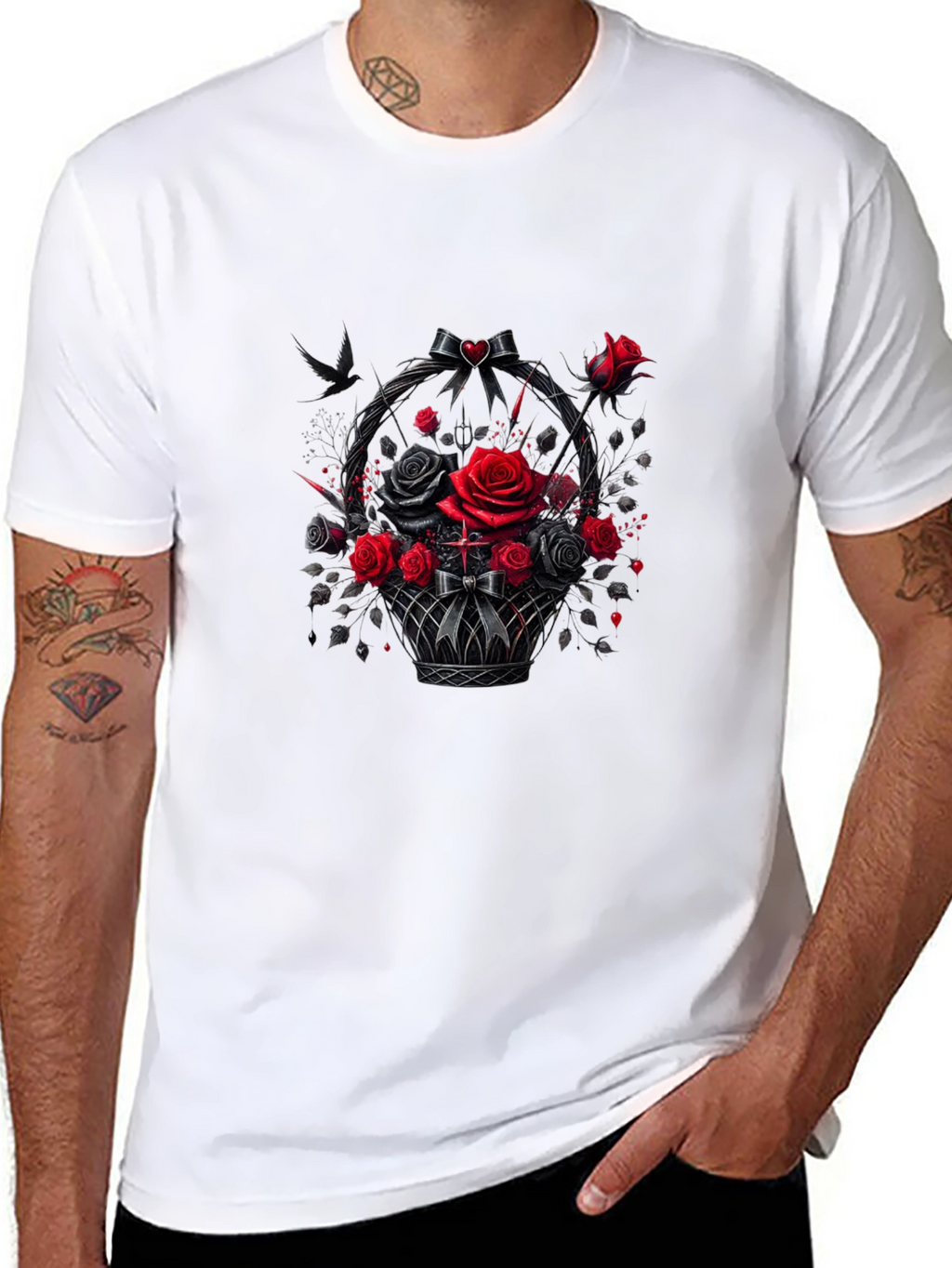 Gothic Roses T-Shirt - Dark Floral Basket Design