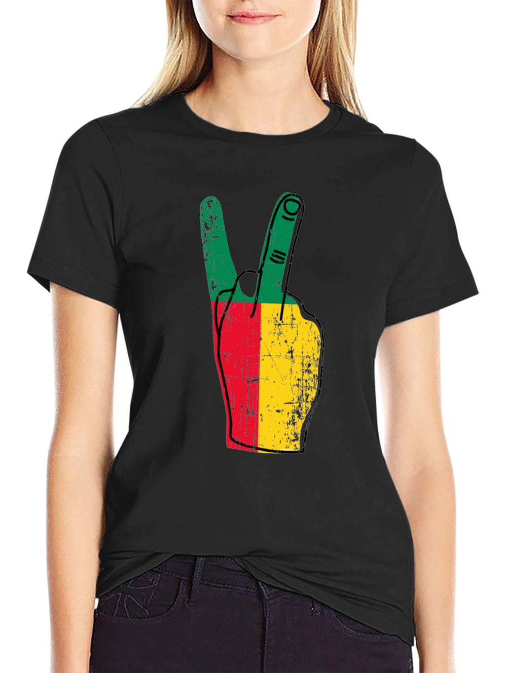 Benin Flag Peace Sign Black T-Shirt