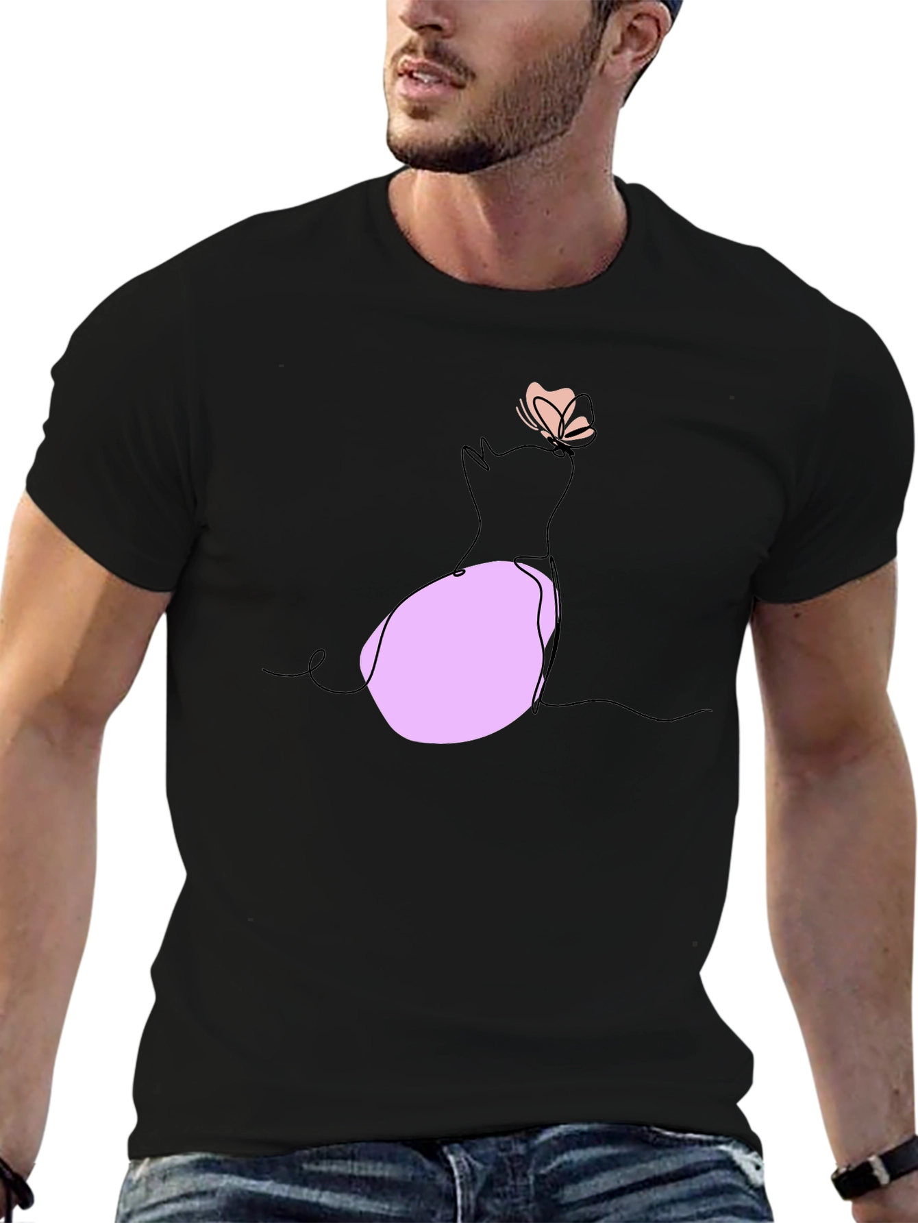 Minimalist Cat & Butterfly Graphic T-Shirt