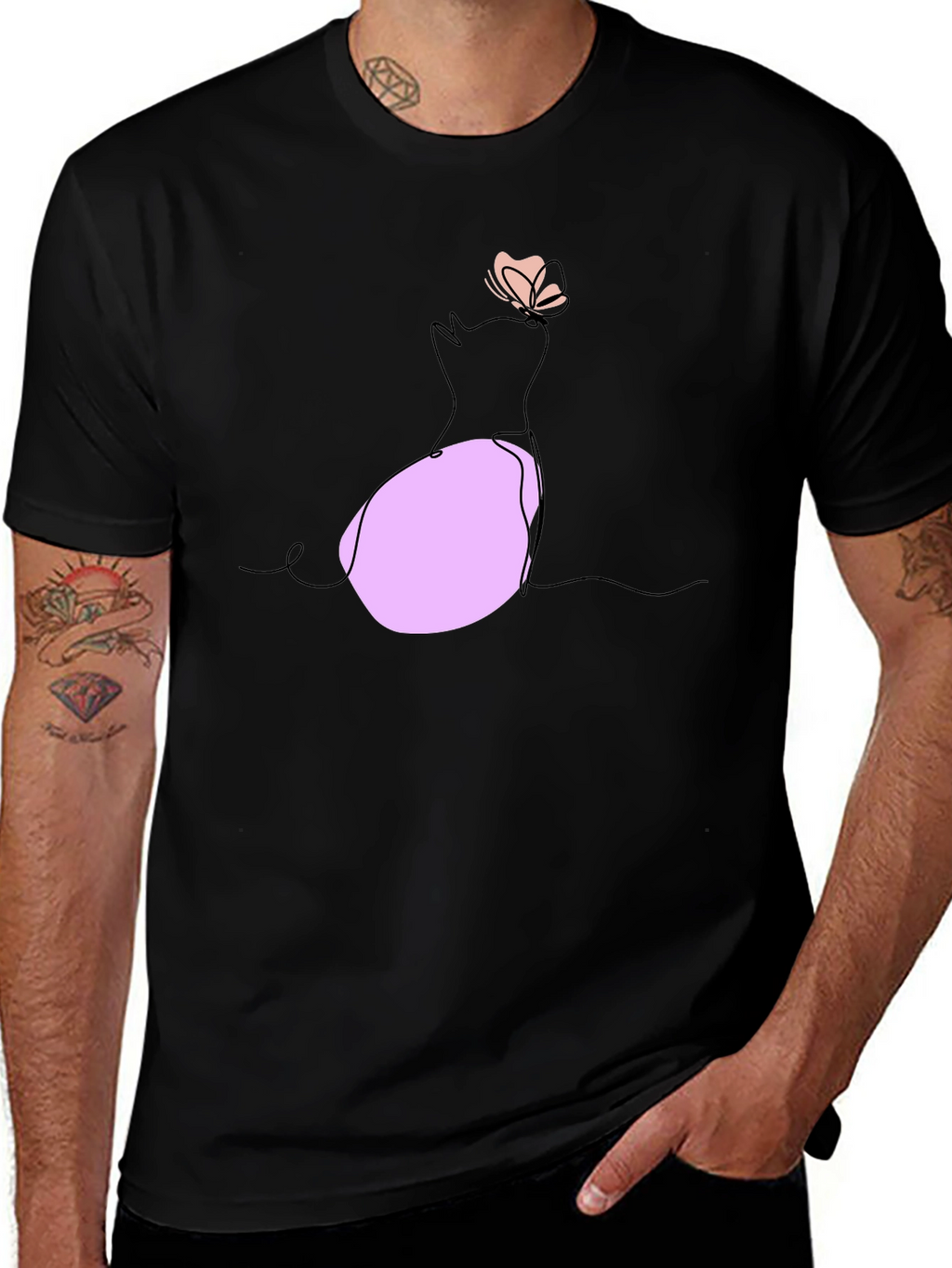 Minimalist Cat & Butterfly Graphic T-Shirt
