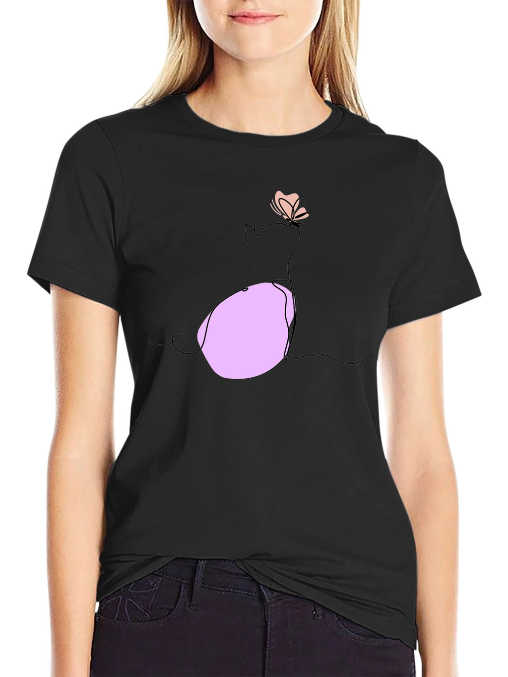 Minimalist Cat & Butterfly Graphic T-Shirt