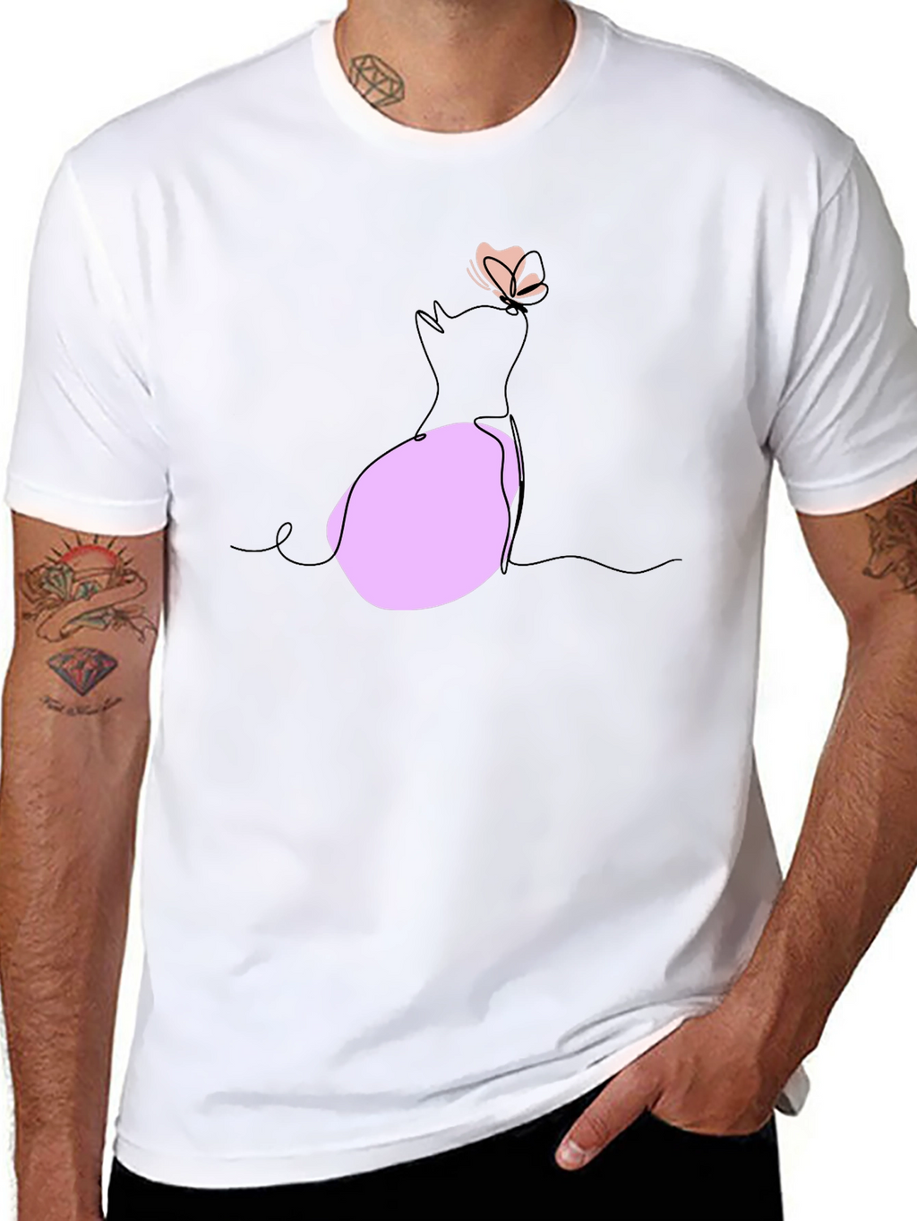 Minimalist Cat & Butterfly Graphic T-Shirt