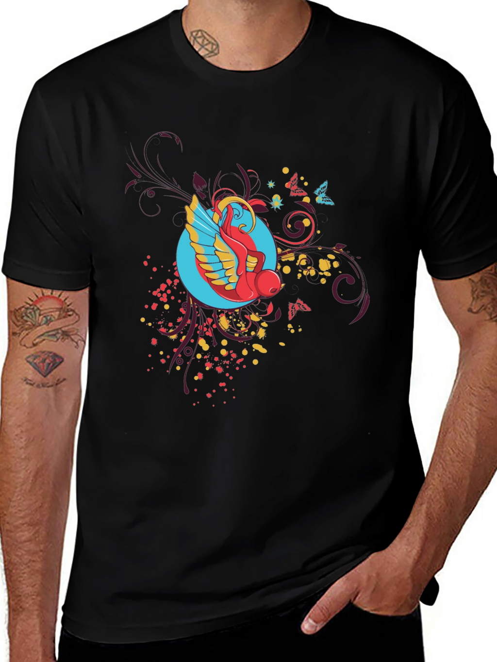Abstract Bird Graphic Black T-Shirt
