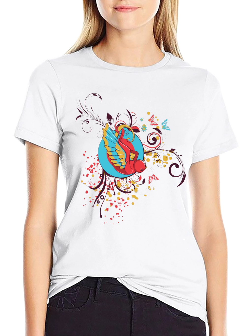 Abstract Bird Graphic Black T-Shirt