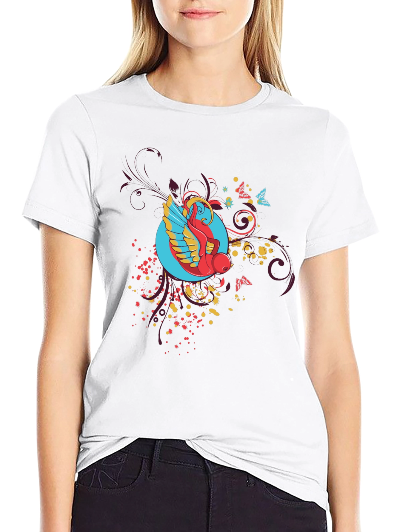 Abstract Bird Graphic Black T-Shirt