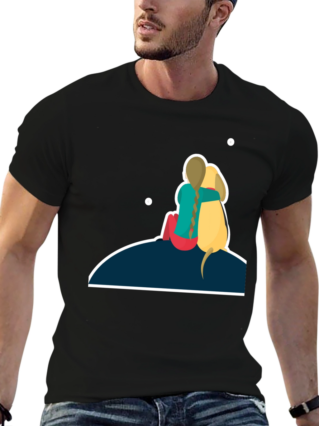 Girl & Dog T-Shirt: Hugging on Hill