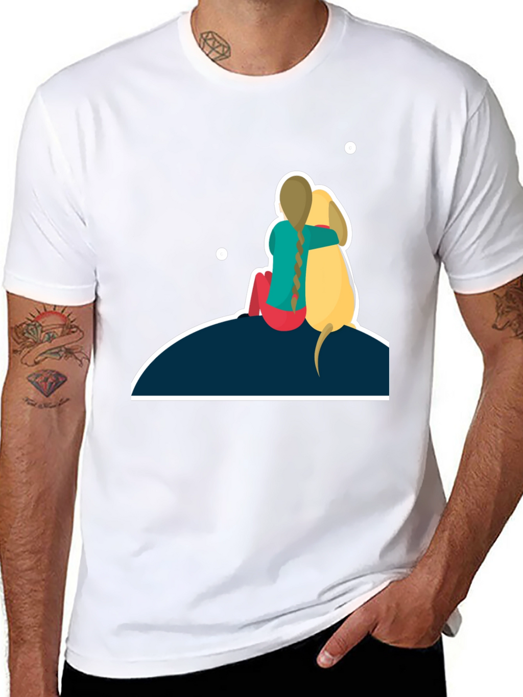Girl & Dog T-Shirt: Hugging on Hill