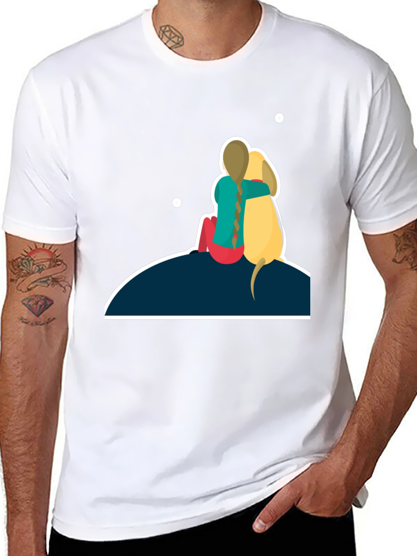 Girl & Dog T-Shirt: Hugging on Hill