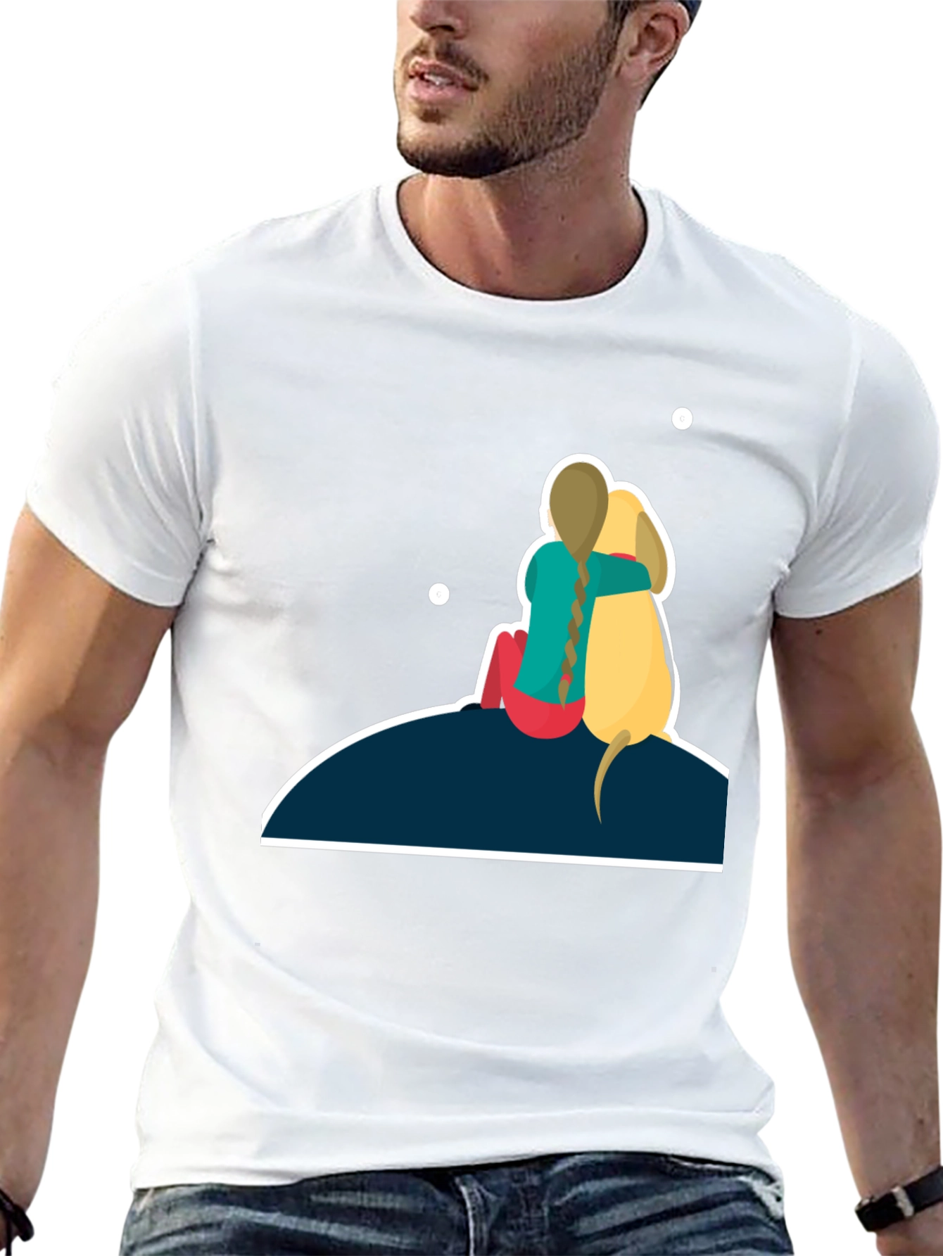 Girl & Dog T-Shirt: Hugging on Hill