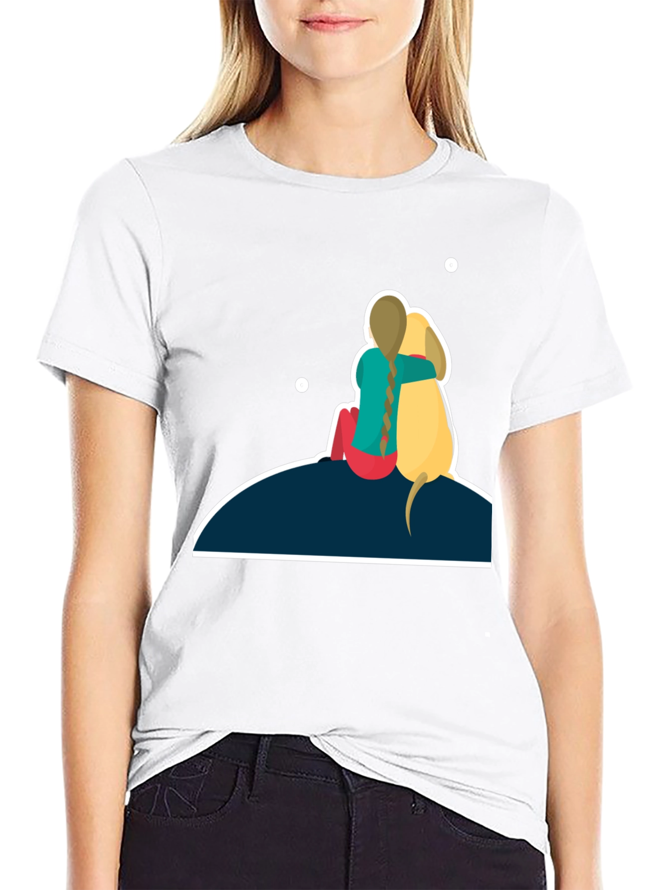 Girl & Dog T-Shirt: Hugging on Hill