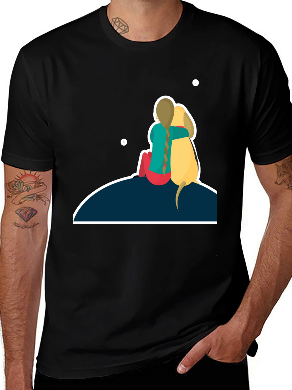 Girl & Dog T-Shirt: Hugging on Hill