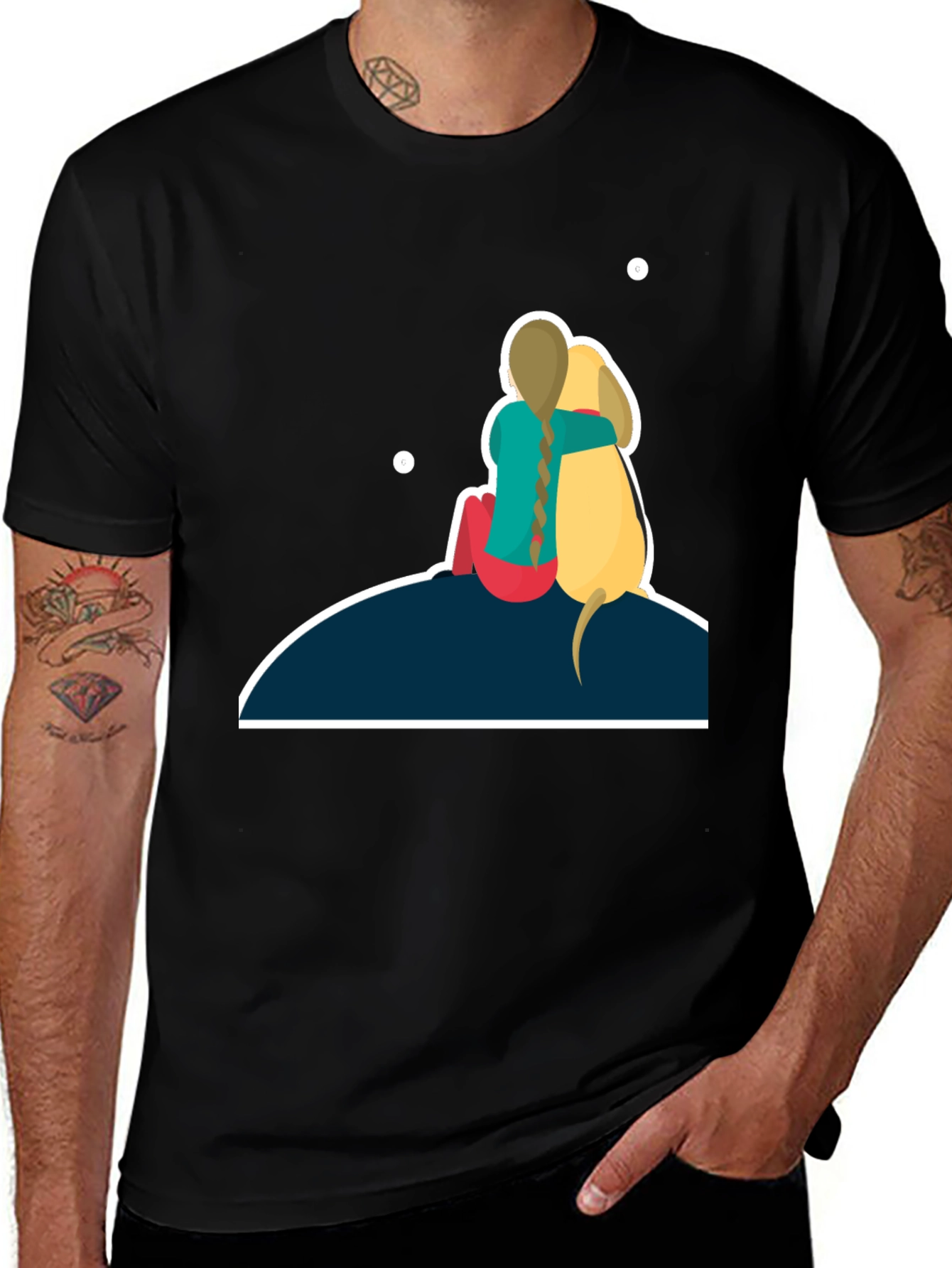 Girl & Dog T-Shirt: Hugging on Hill