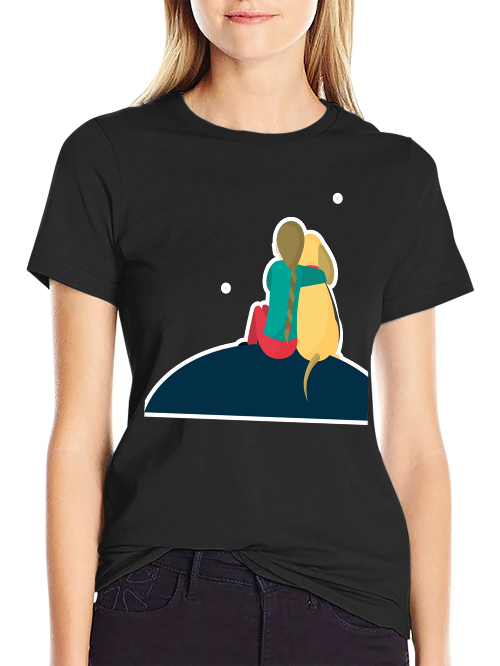 Girl & Dog T-Shirt: Hugging on Hill
