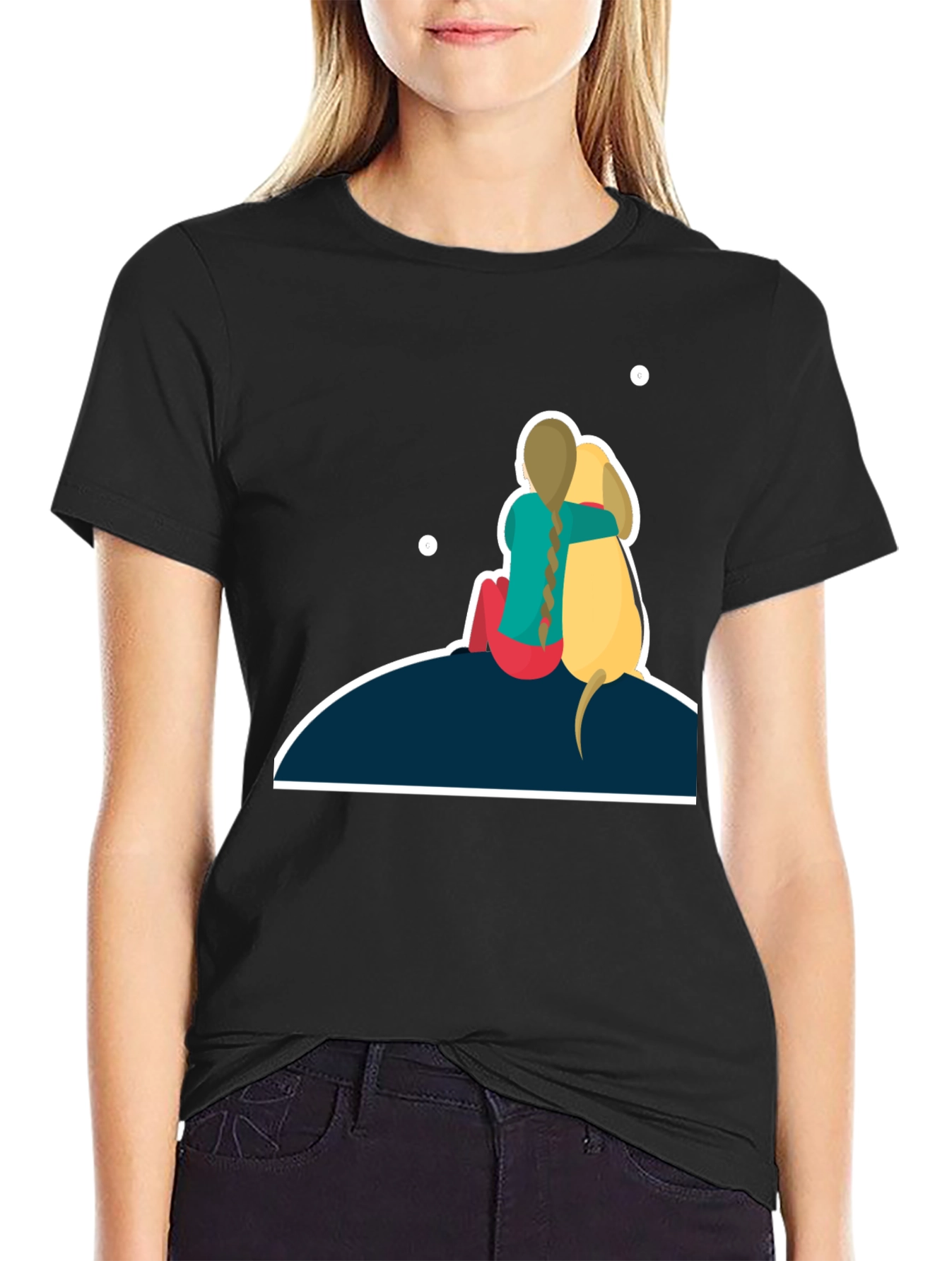 Girl & Dog T-Shirt: Hugging on Hill