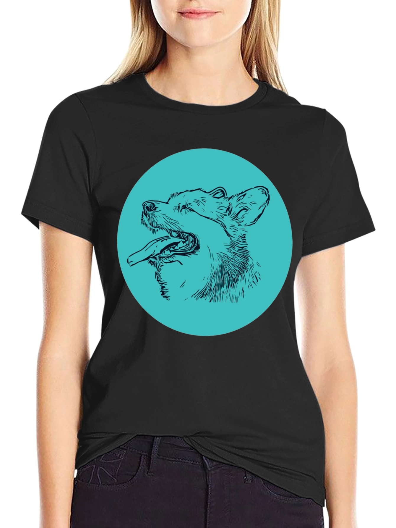 Dog Sketch Graphic Tee - Cool Aqua Print on Black Shirt