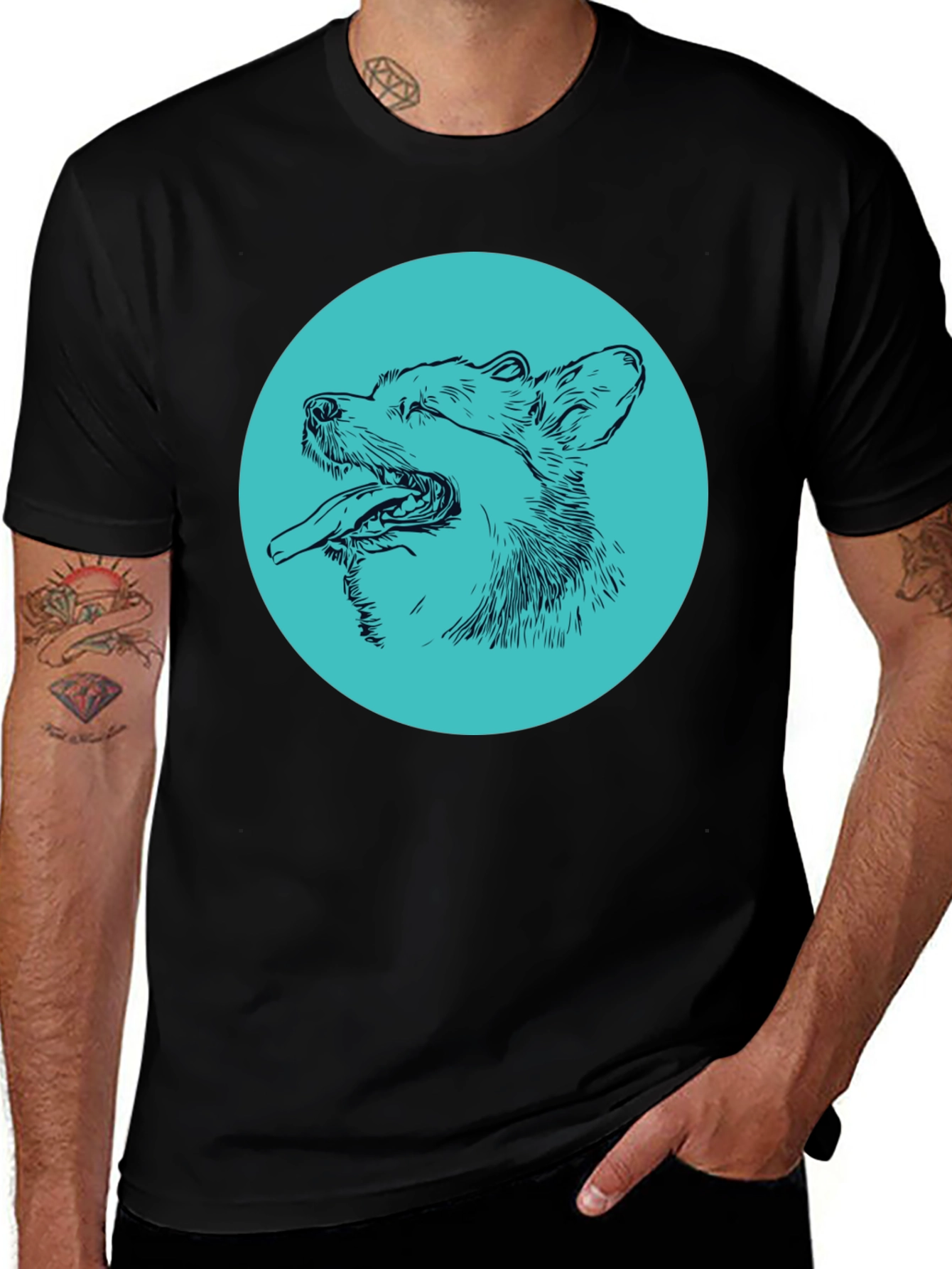 Dog Sketch Graphic Tee - Cool Aqua Print on Black Shirt