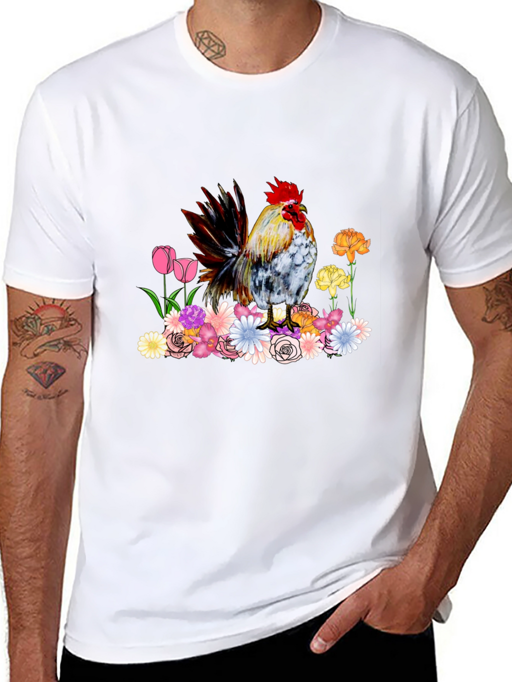 Rooster and Floral Graphic Tee