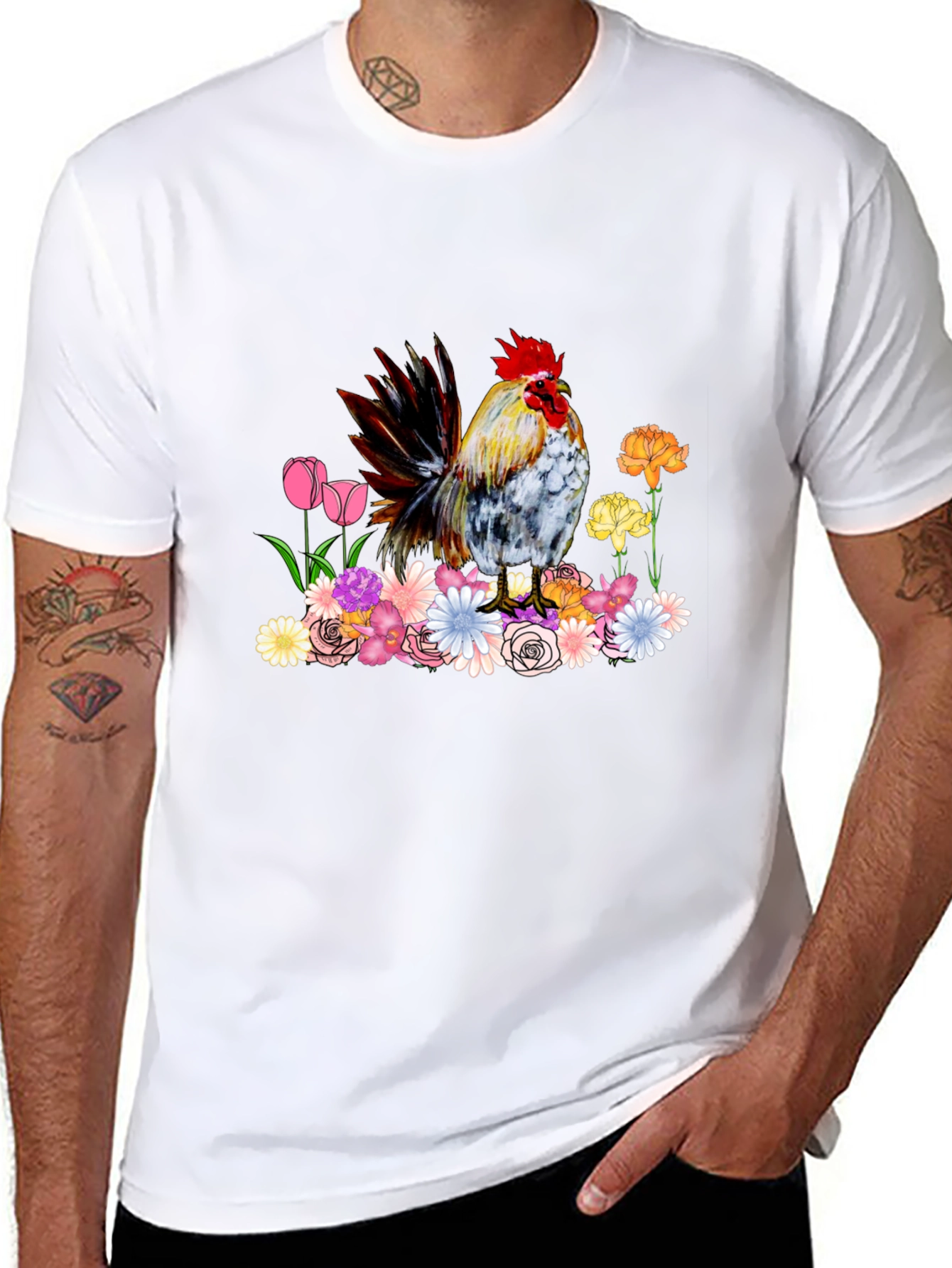 Rooster and Floral Graphic Tee