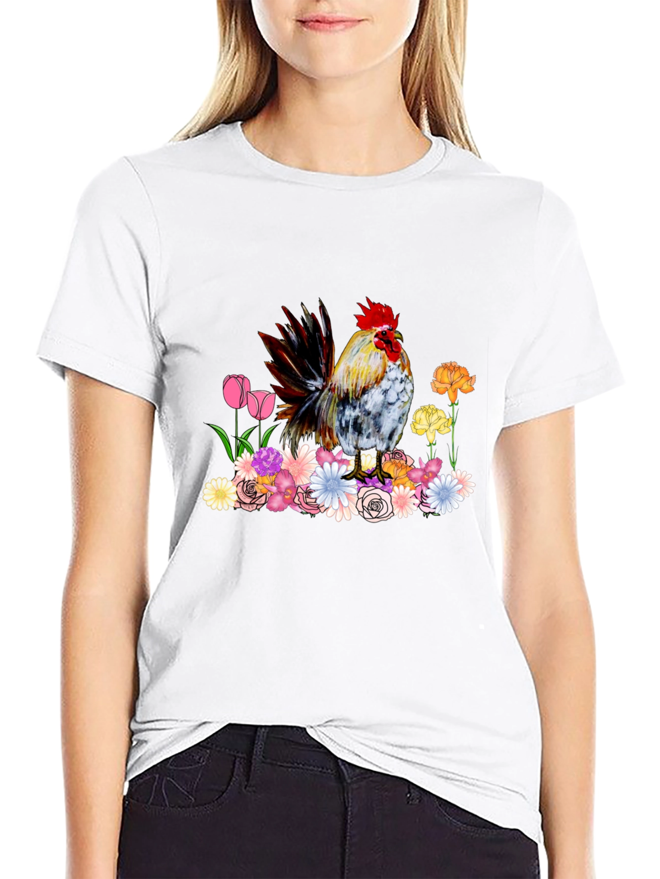 Rooster and Floral Graphic Tee