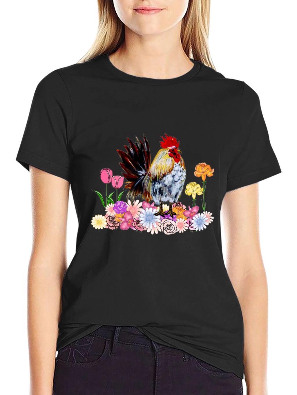 Rooster and Floral Graphic Tee