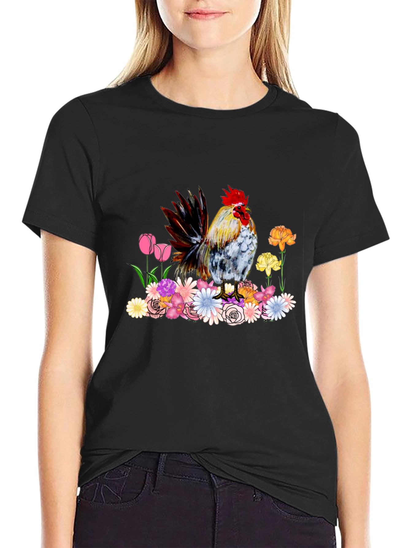 Rooster and Floral Graphic Tee