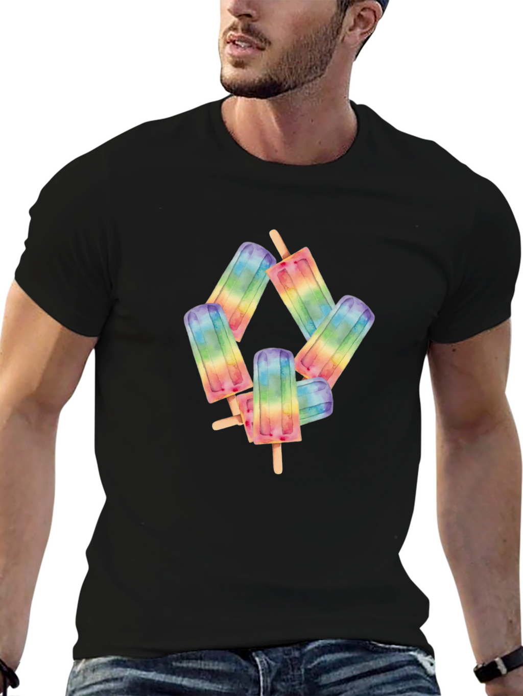 Rainbow Popsicle Graphic Black T-Shirt