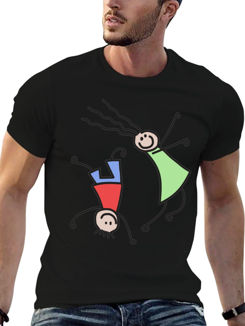 Whimsical Stick Figure Graphic Tee - Black