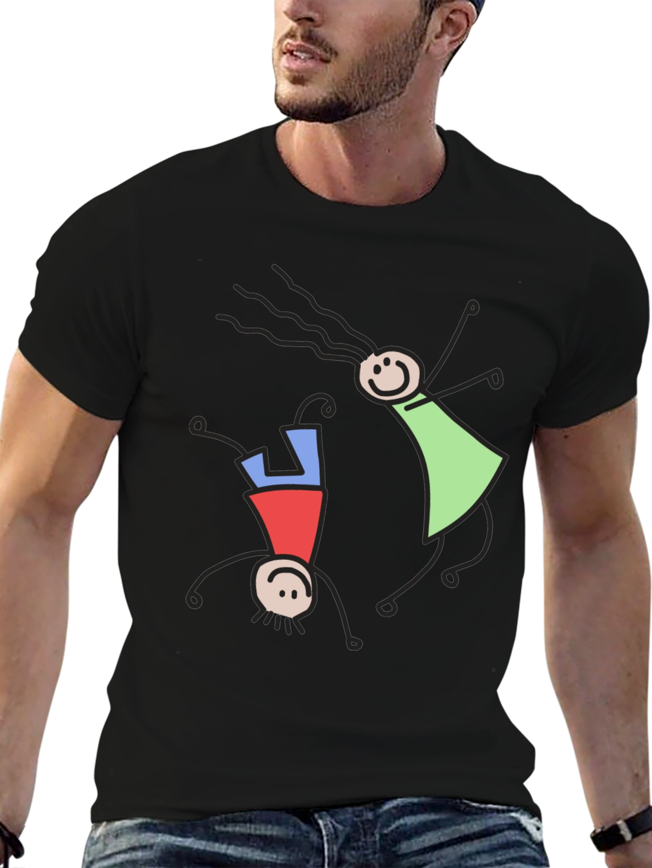 Whimsical Stick Figure Graphic Tee - Black