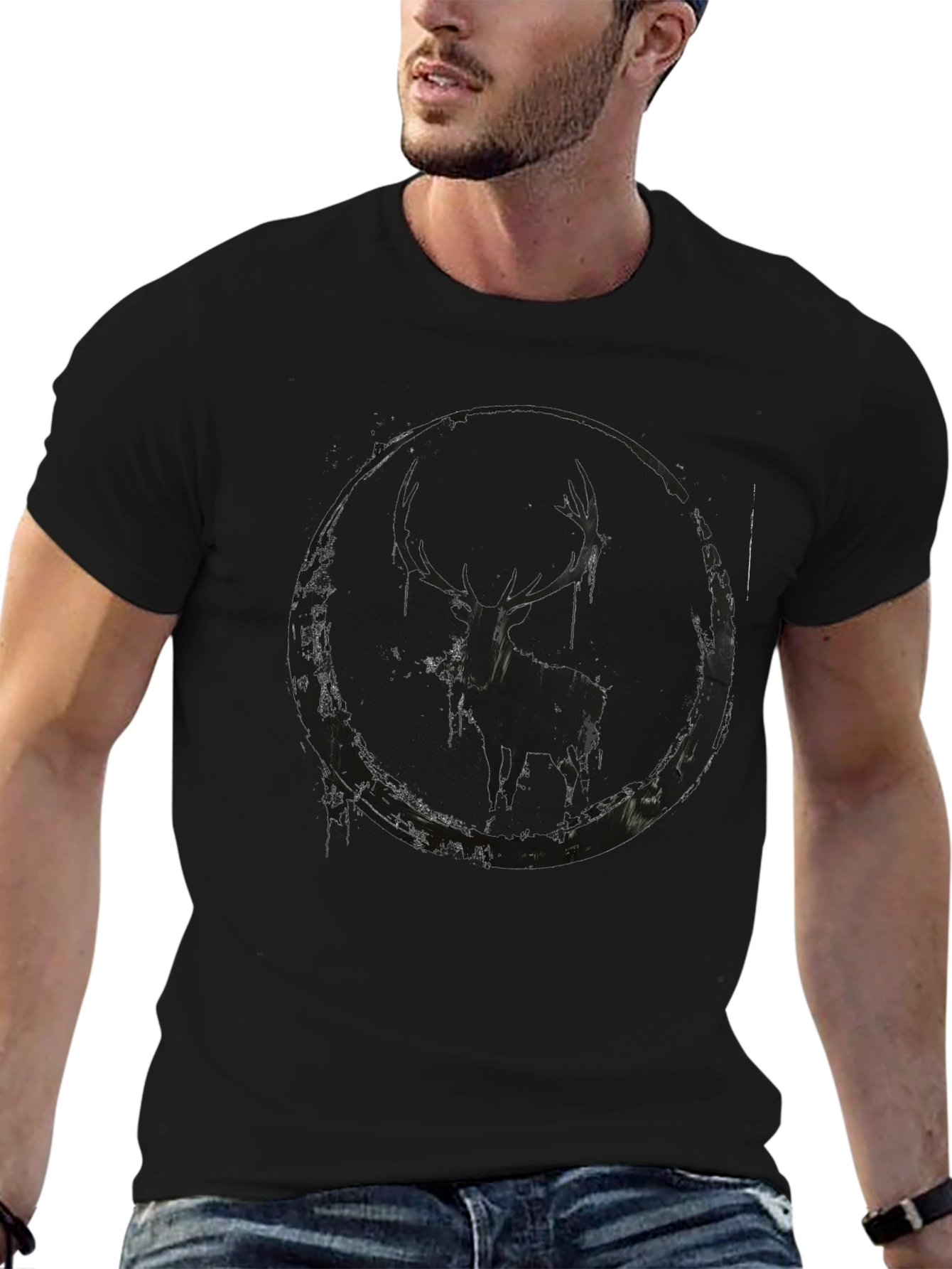 Black Deer Silhouette Graphic Tee - Mens Casual Shirt