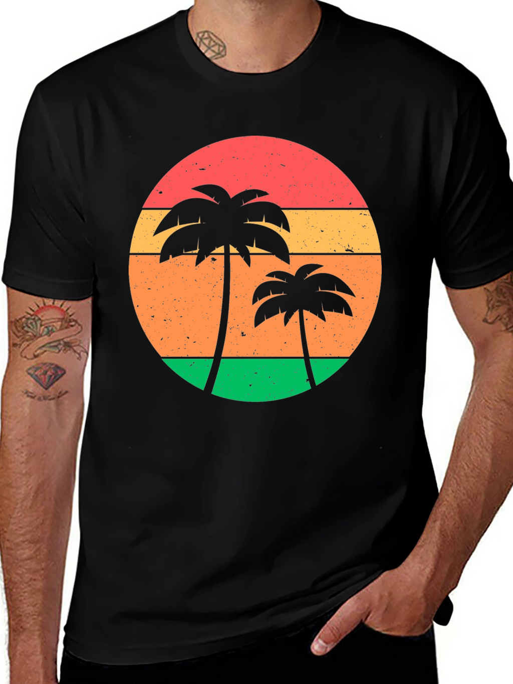 Retro Sunset Palm Tree Graphic Tee - Black