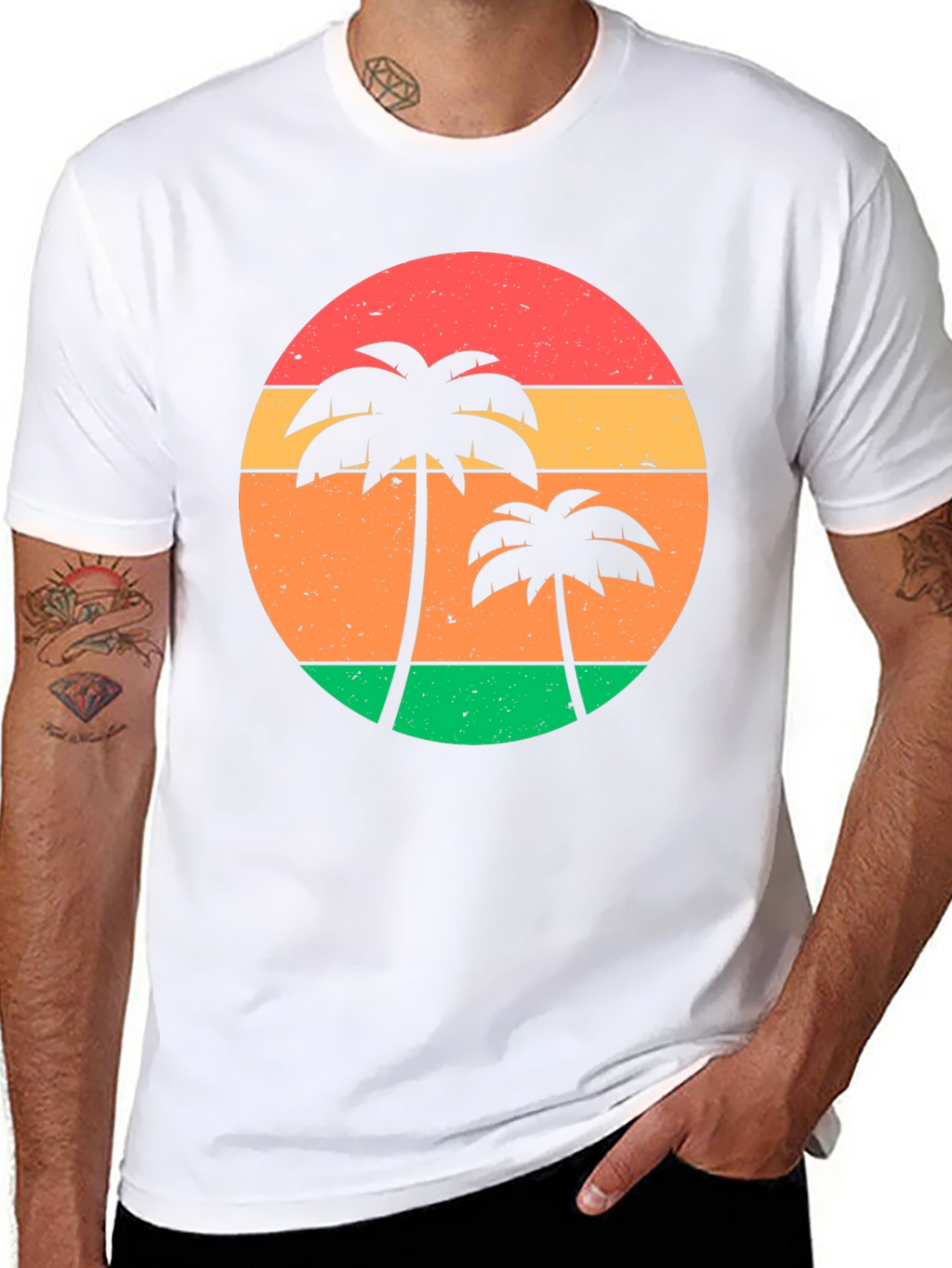 Retro Sunset Palm Tree Graphic Tee - Black