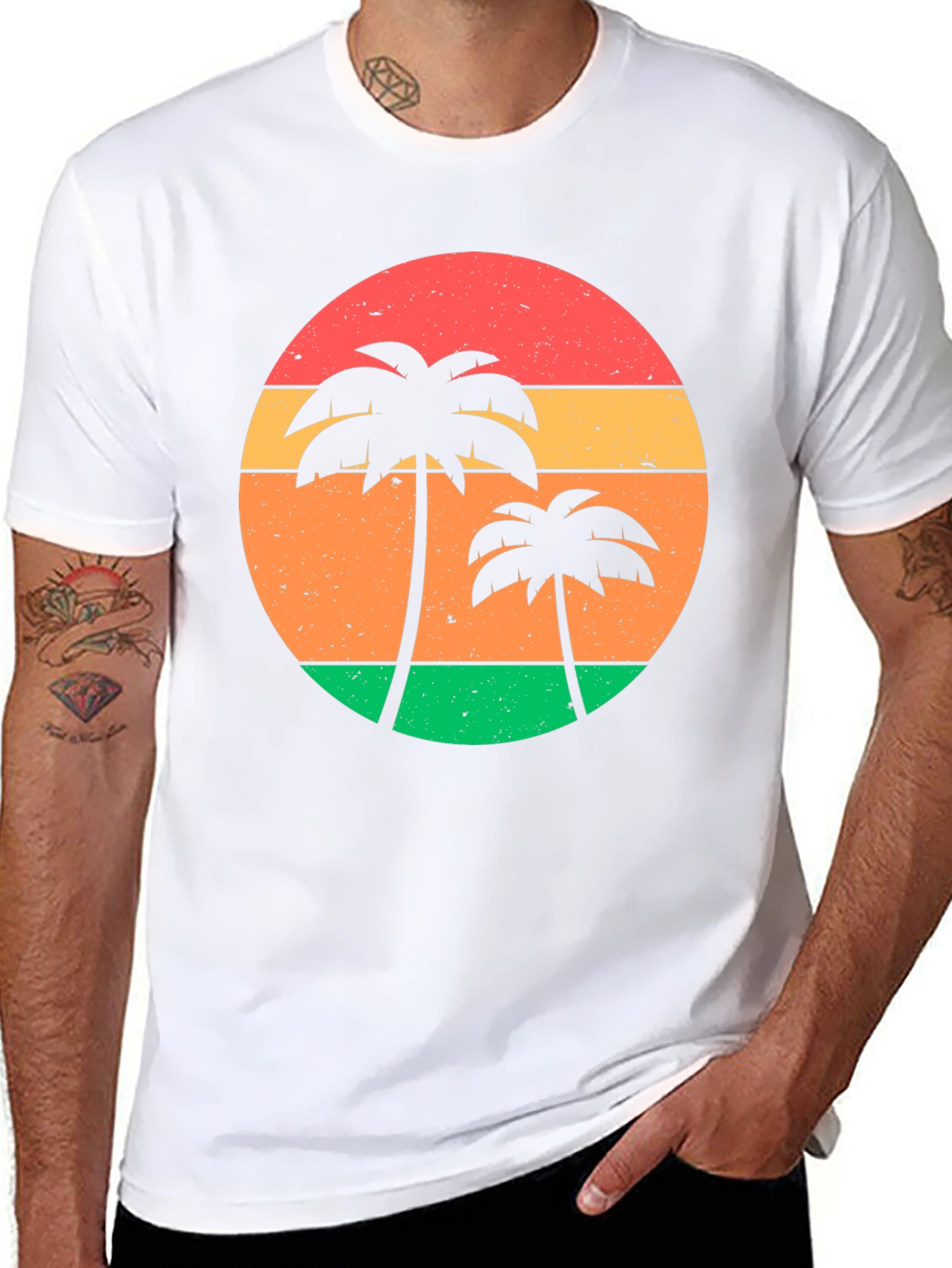 Retro Sunset Palm Tree Graphic Tee - Black