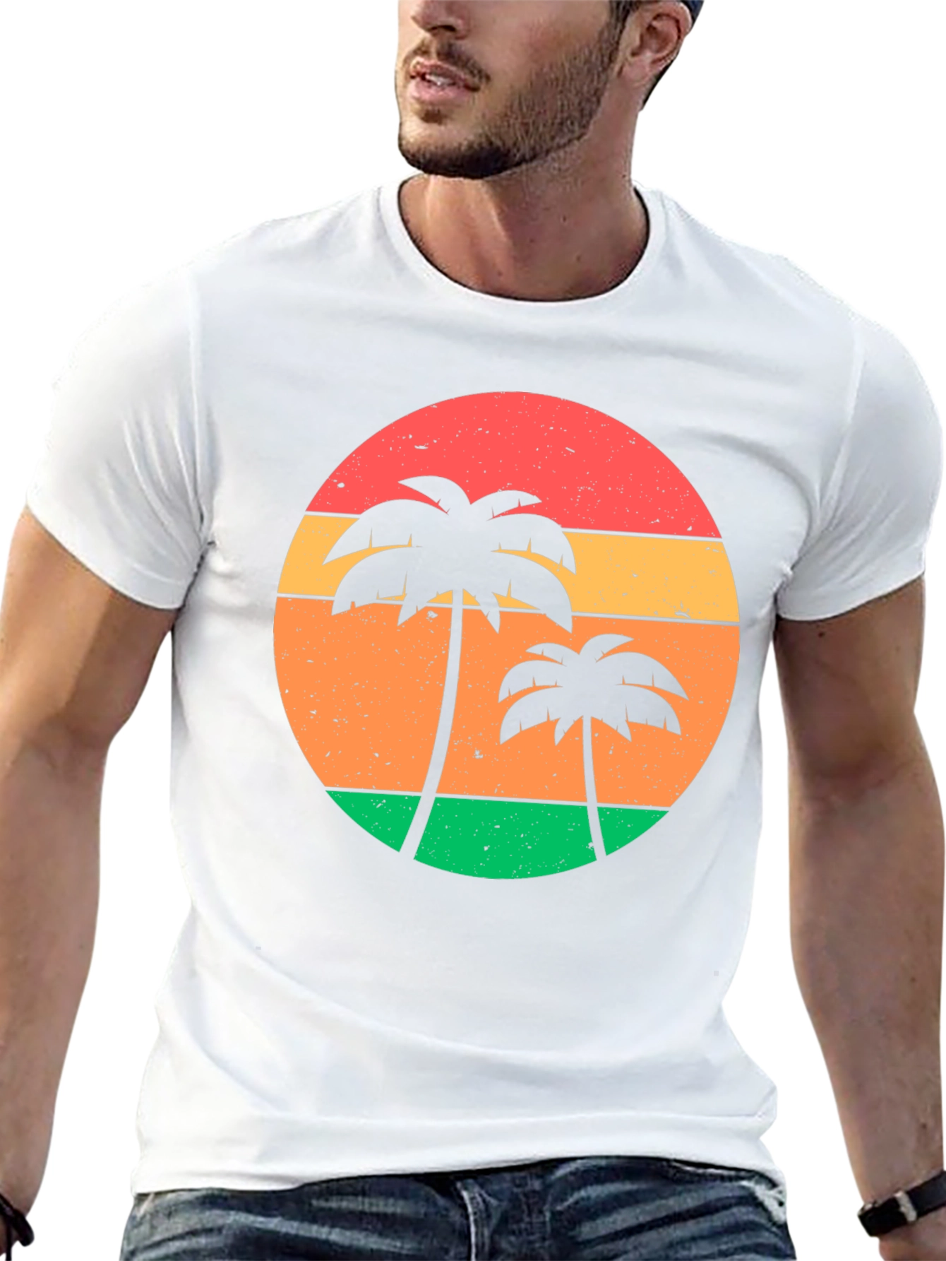 Retro Sunset Palm Tree Graphic Tee - Black
