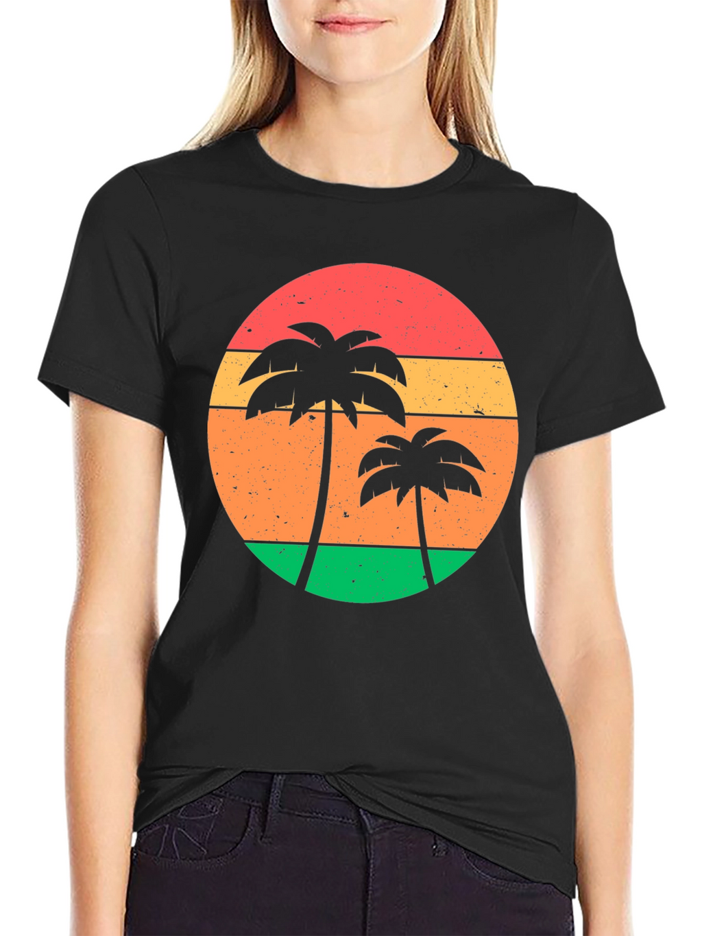 Retro Sunset Palm Tree Graphic Tee - Black
