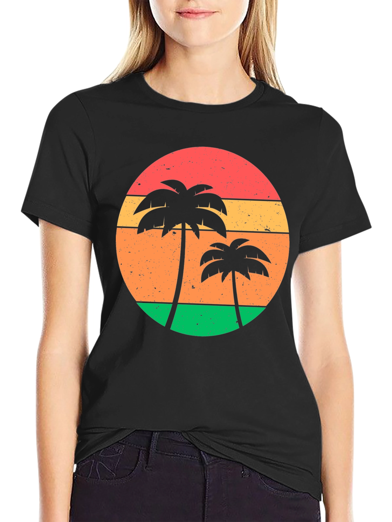 Retro Sunset Palm Tree Graphic Tee - Black