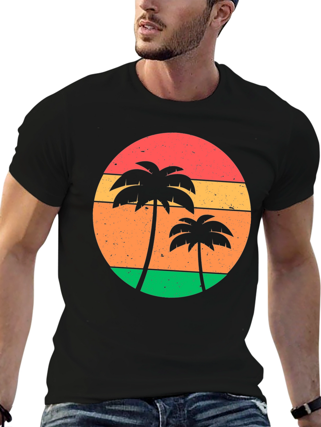 Retro Sunset Palm Tree Graphic Tee - Black
