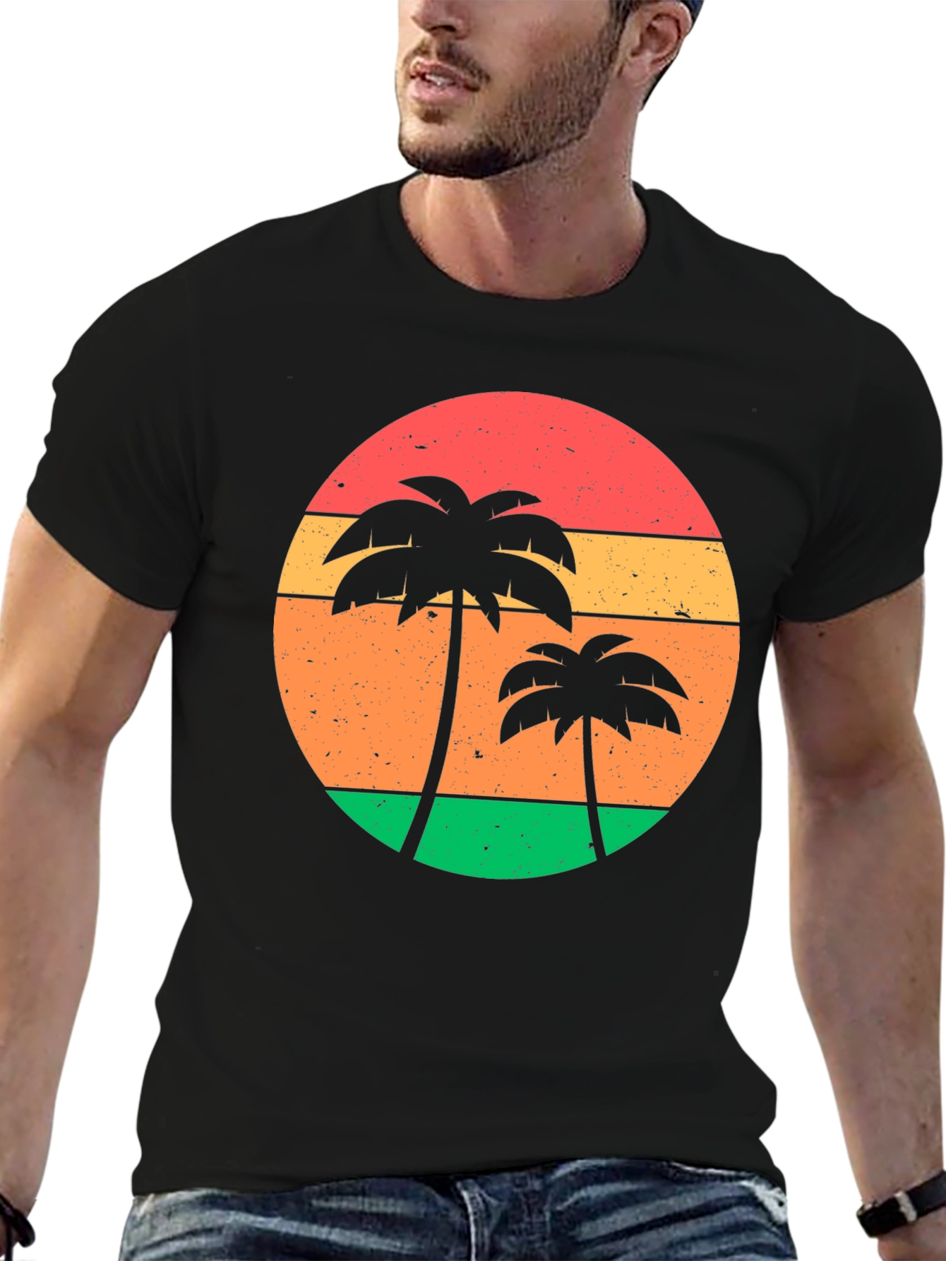 Retro Sunset Palm Tree Graphic Tee - Black