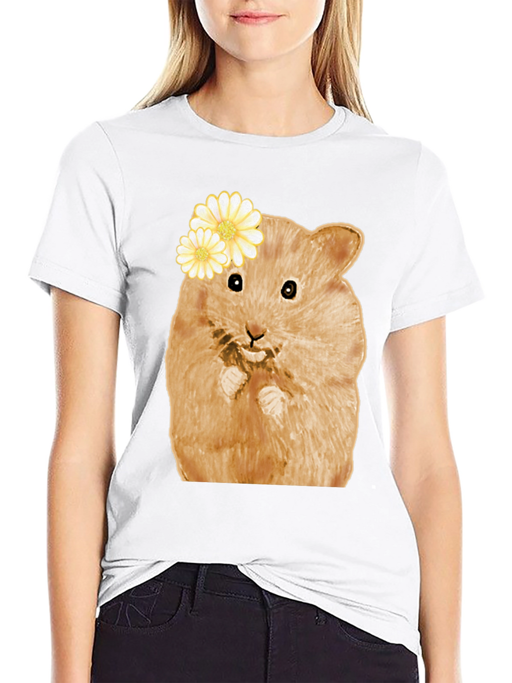 Hamster Wearing Flowers Black T-Shirt