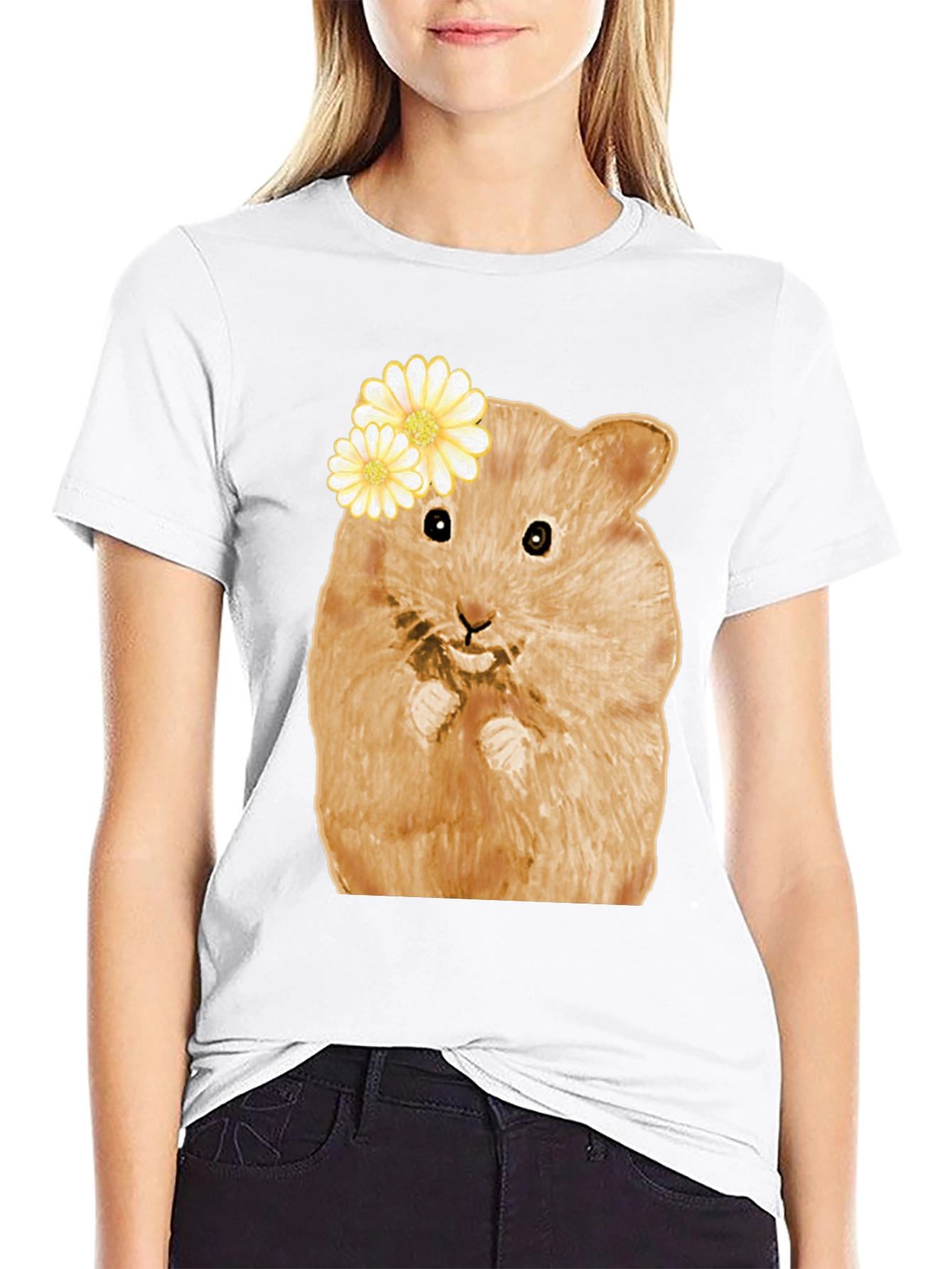 Hamster Wearing Flowers Black T-Shirt