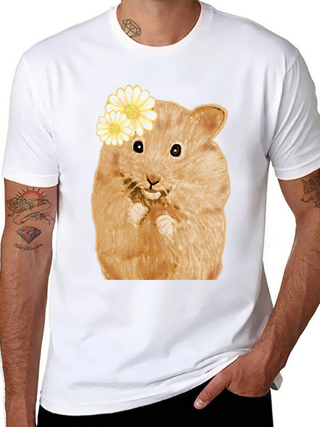 Hamster Wearing Flowers Black T-Shirt