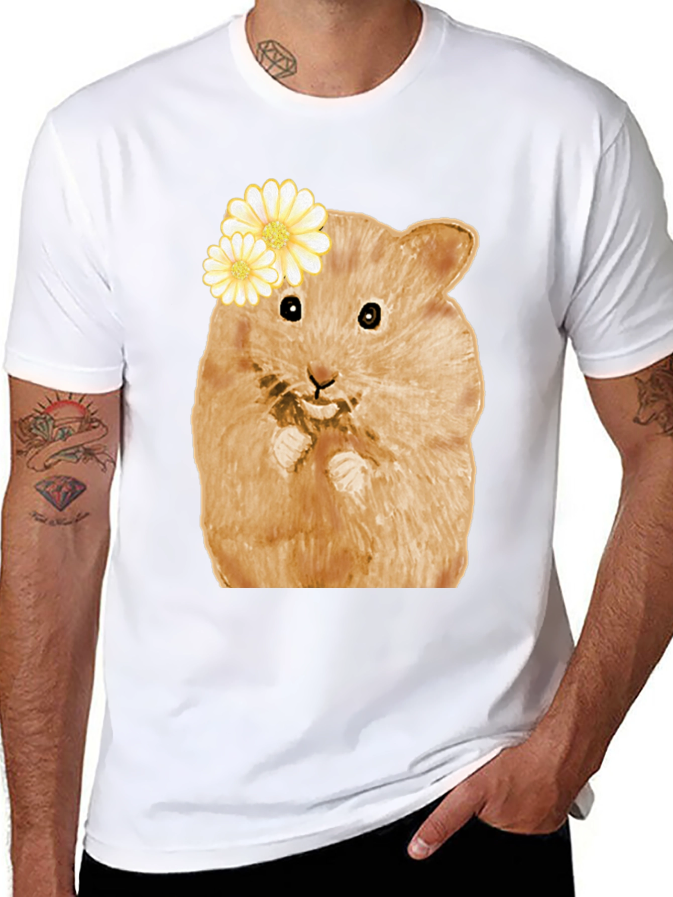 Hamster Wearing Flowers Black T-Shirt