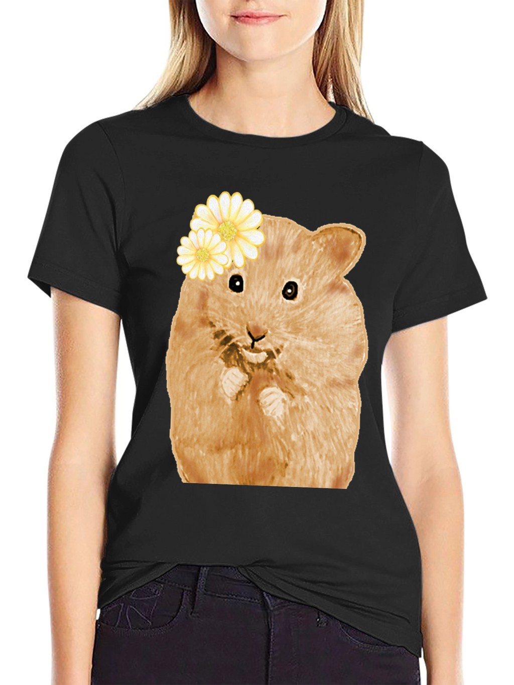 Hamster Wearing Flowers Black T-Shirt
